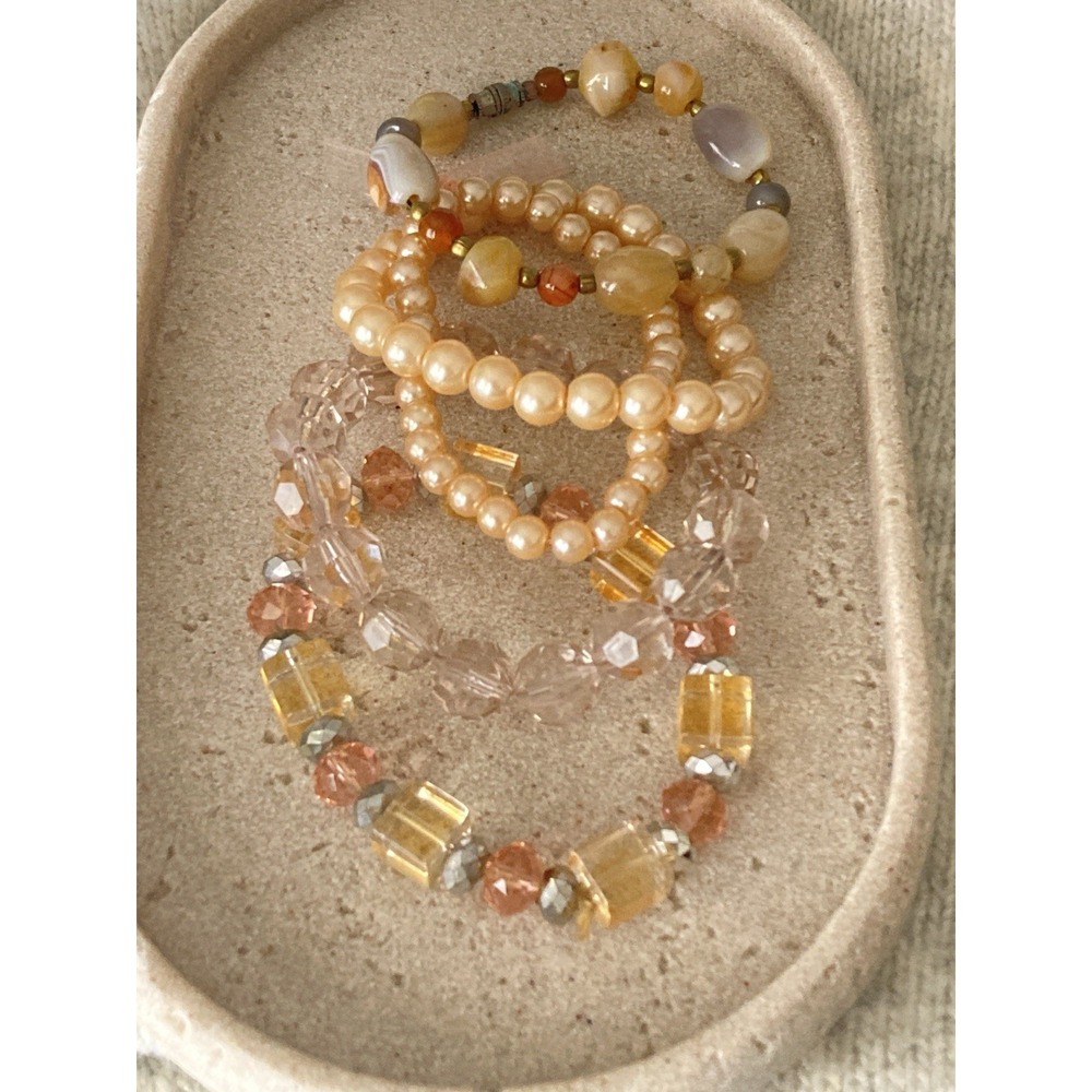 Beaded Stretch Bracelet Lot Set Of 3 Faux Pearl Crystal Pink & Peach Neutrals